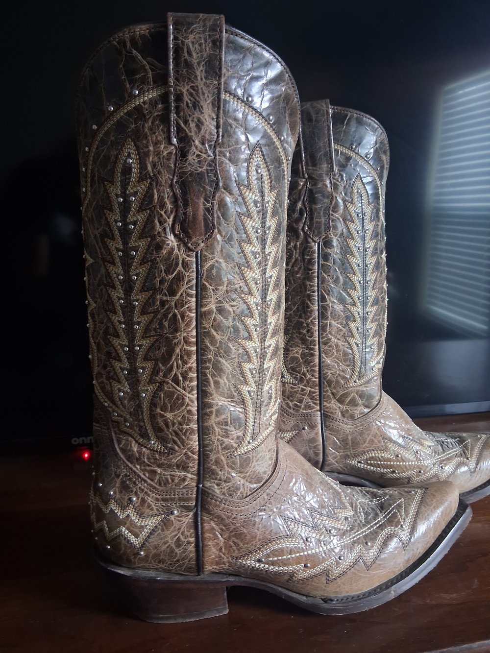 Brown Embossed Leather Western Cowboy Boots - Brand Not Visible